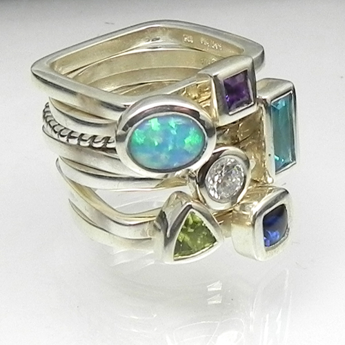 Blue Opal Round Stackable Silver Ring Size 7
