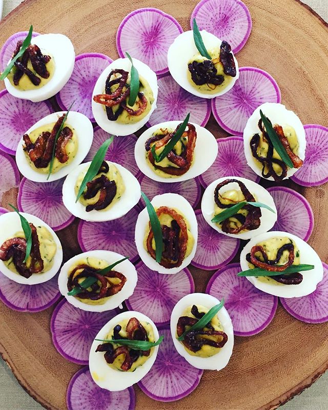 It&rsquo;s retro, but you know? Guests will *crush* a deviled egg. Especially when you top it with tarragon and crispy shallots. Seriously&mdash;I&rsquo;ve seen waiters get tackled. #agpd  #givethepeoplewhattheywant .
.
.
.
.
.
.
#foodandwine #baread