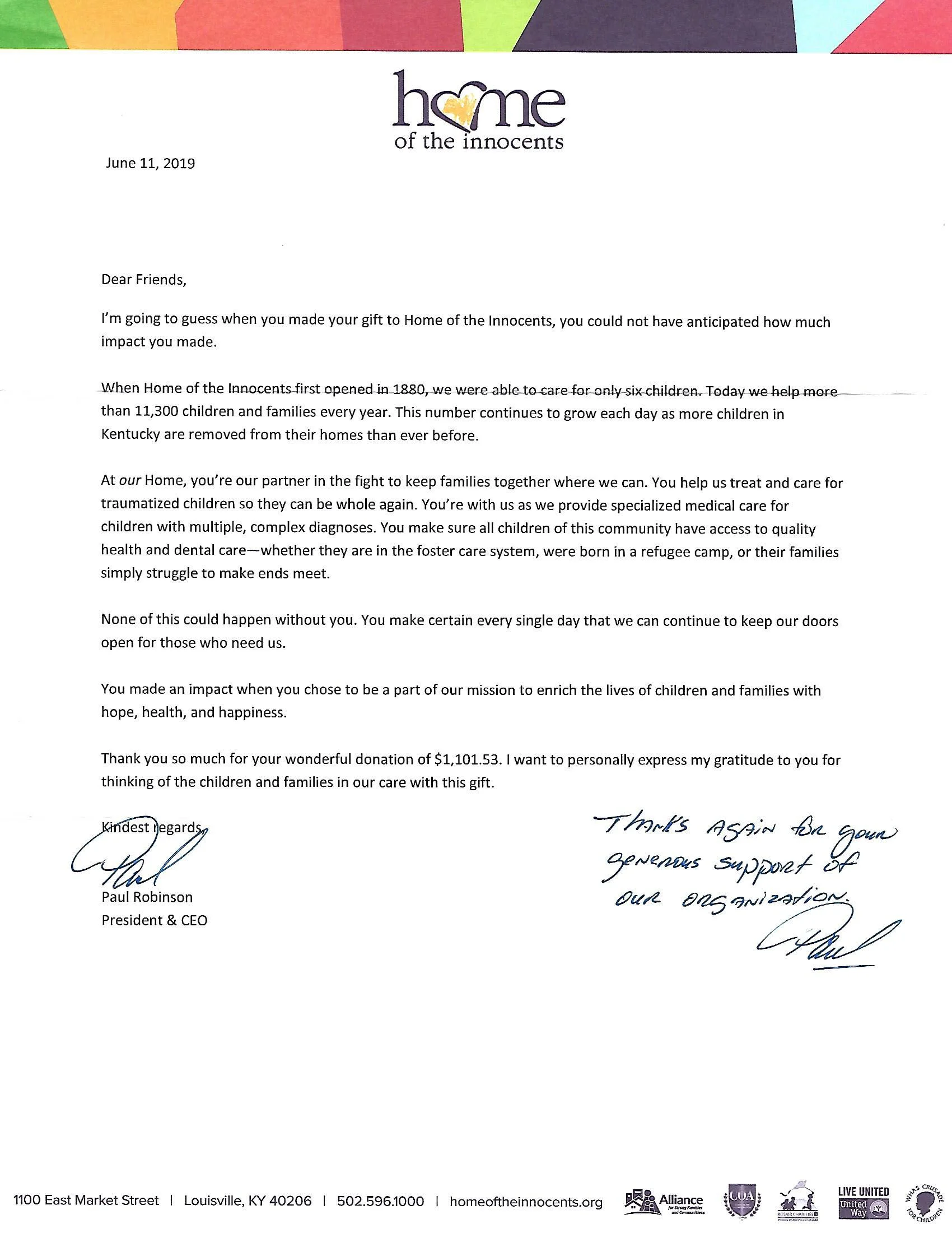2019 “Thank You” Letter from HOME OF THE INNOCENTS. Our donation was matched by CBA.
