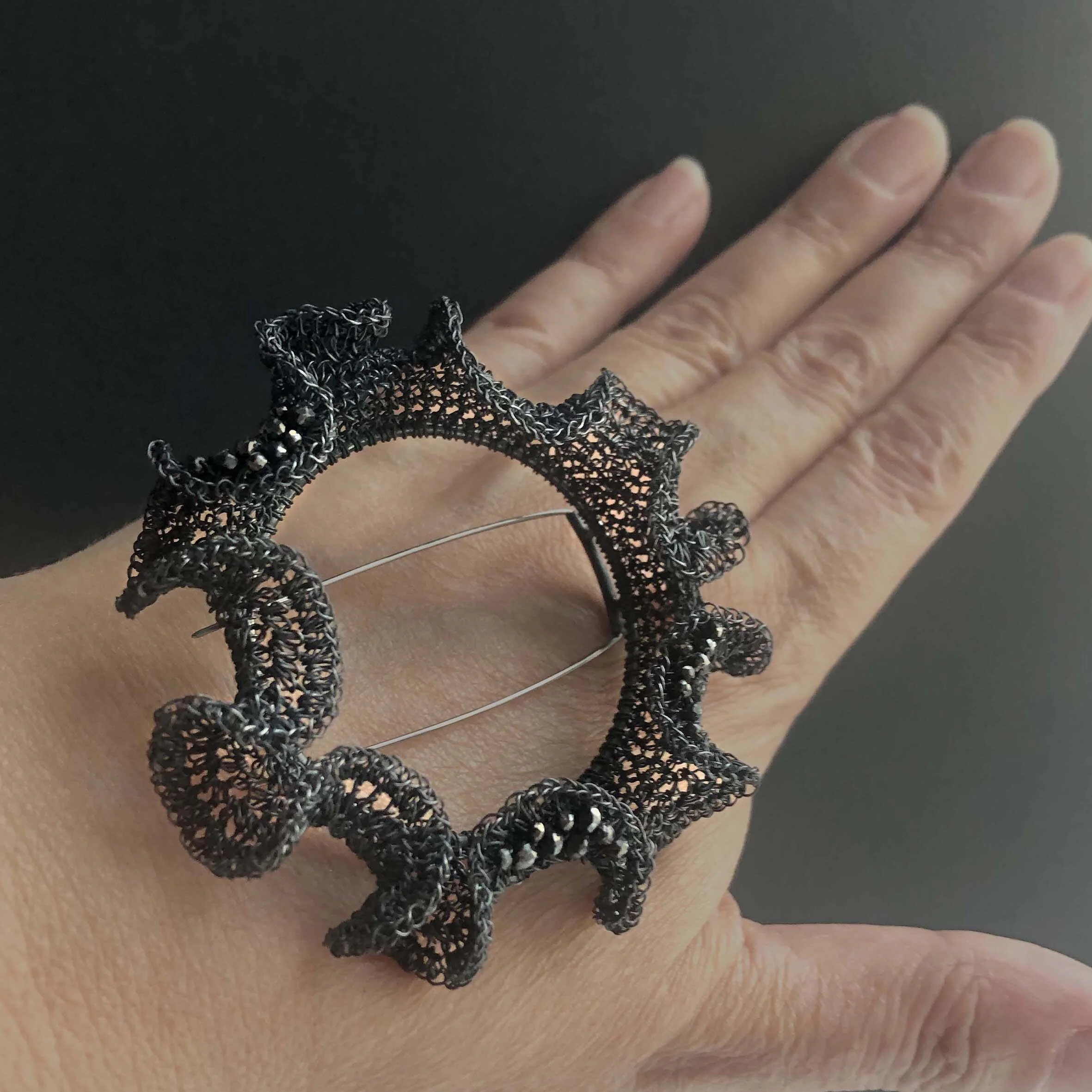 hand made crochet silver black diamond brooch