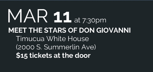 Opera Orlando continues its tradition of offering a musical introduction to the principals of its main-stage operas. Nationally-renowned artists Gabriel Preisser, Todd Donovan, Janette Zilioli, Chad Johnson, Julia Radosz, Sarah Nordin and Tyler Putnam will sing musical selections from opera, classical music and Broadway and then join the audience for an informal reception. Tickets $15 at the door