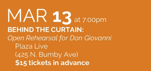 You’re invited into the actual space where Stage Director Robert Neu and Conductor Elaine Rinaldi will be working with the cast of Don Giovanni. It is a rare opportunity to view how an opera production is put together. And with the re-setting of this great work in the year 2017, this portal into the creative process promises to be all the more fascinating. Tickets $15 in advance ( info@operaorlando.org ; 407-512-1900) Tickets available HERE