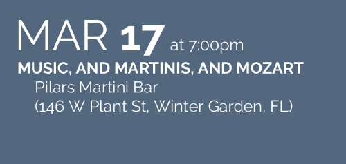 Slip into the Giovanni “vibe” by sharing a cocktail or two with Opera Orlando’s Studio Artists in downtown Winter Garden. Mozart and his music will be celebrated in an intimate and accessible fashion. Free and open to the public