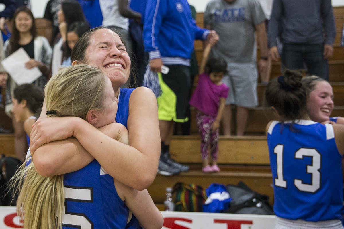 Miriam Weiss sheads tears of joy after the Cate School's 53-45 victory over league champions Carpinteria High on Thursday, February, 12 2015 at Carpinteria High School in Carpinteria, Calif. (© Fernando J Tirado 2015)