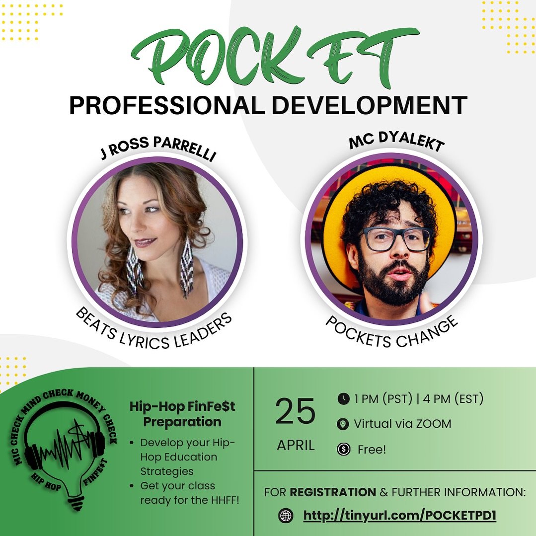 The next Pocket PD is all about developing your best Hip-Hop educational strategies and you&rsquo;re invited! Sign up now for the 🆓 event featuring J Ross Parrelli of @beatslyricsleaders. 
🗓️: Thur April 25th, 1pm (PST) and 4pm
(EST) via Zoom
👤: #