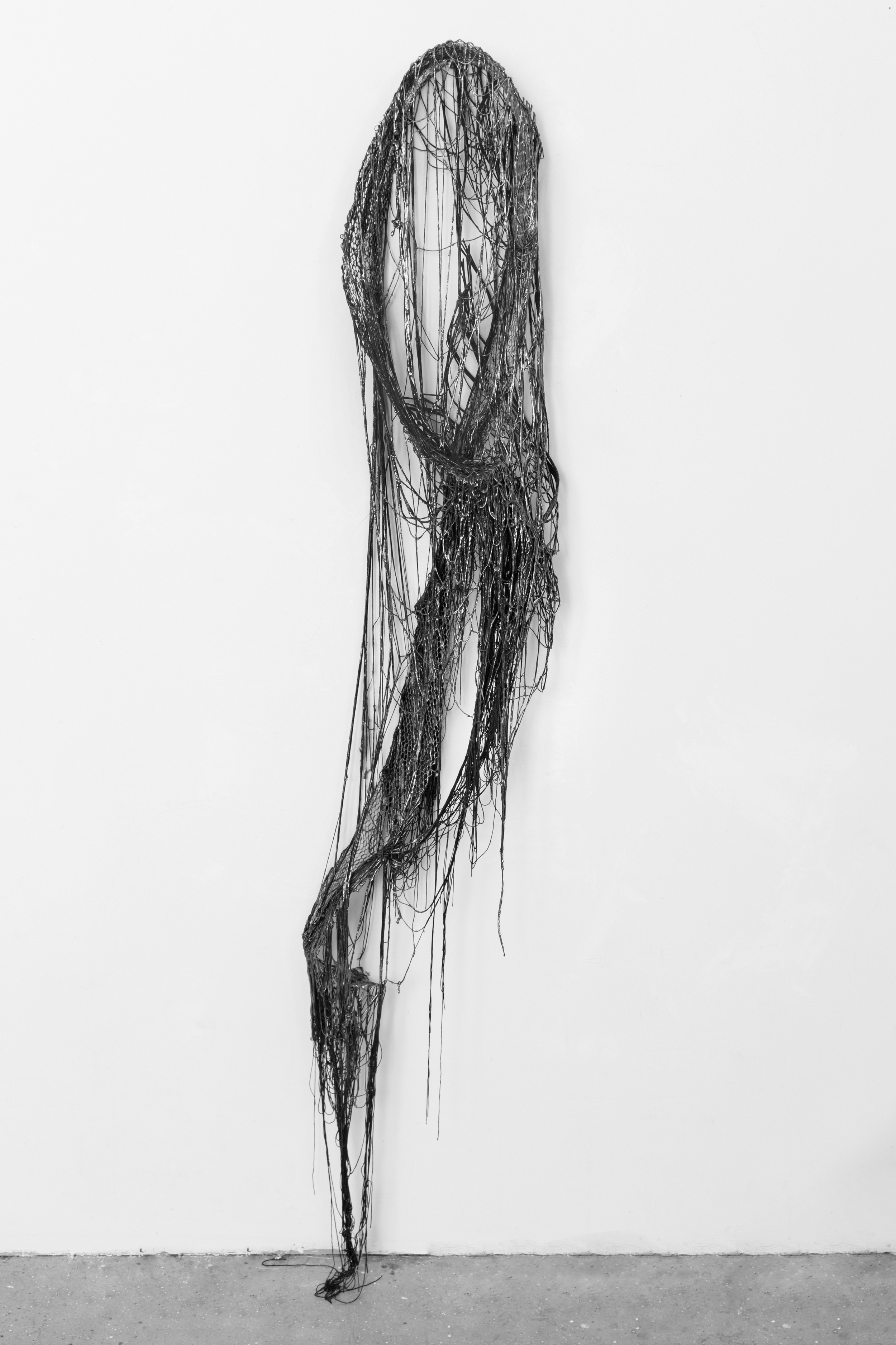 Crime of Curiosity, 2016, Graphite, mixed medium, steel, and silk/polyester thread, 75 x 13 x 9 inches