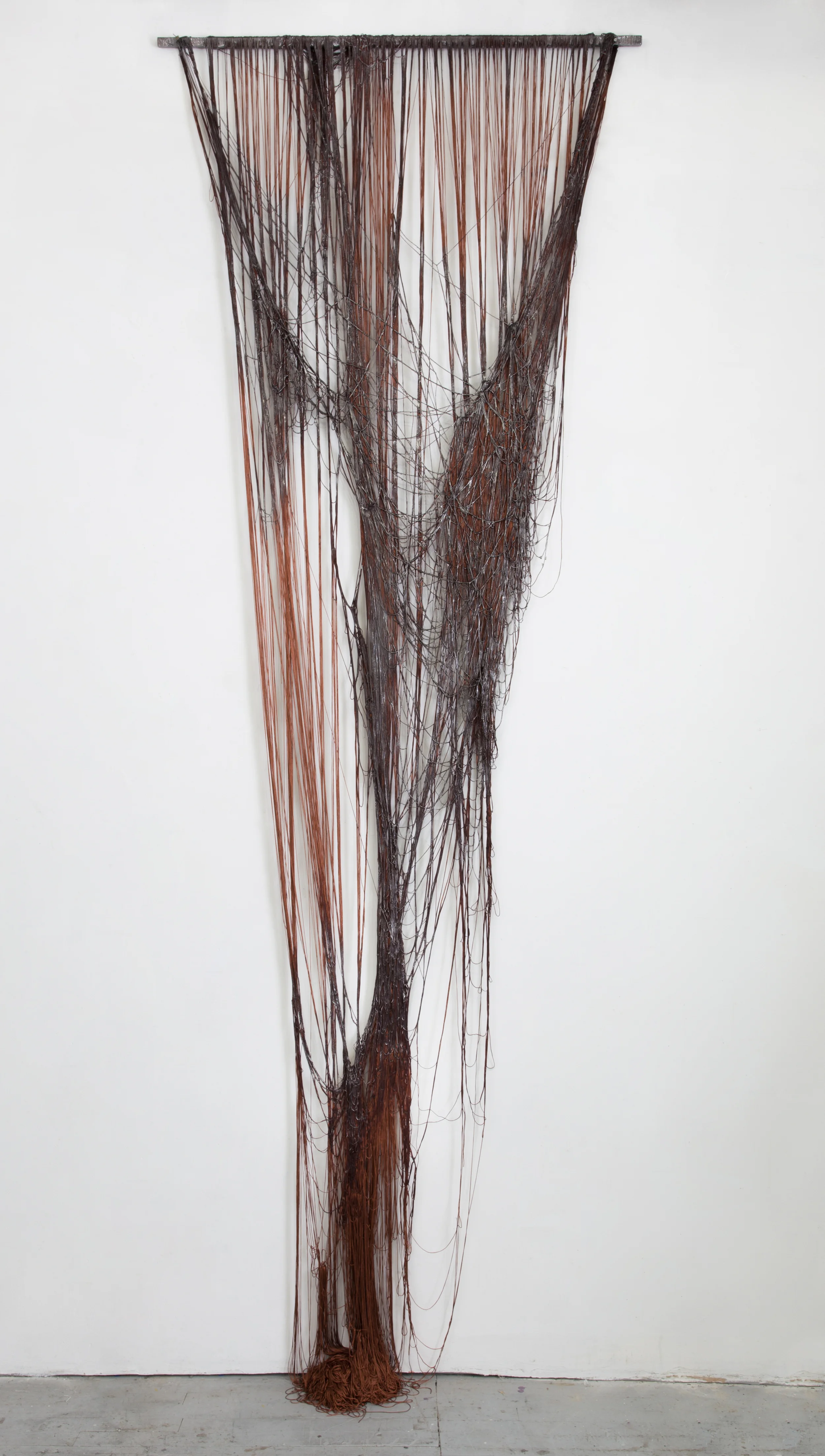 That Fiery Sadness Called Desire, 2016, Graphite and mixed medium on silk/polyester thread, 120 x 34 inches