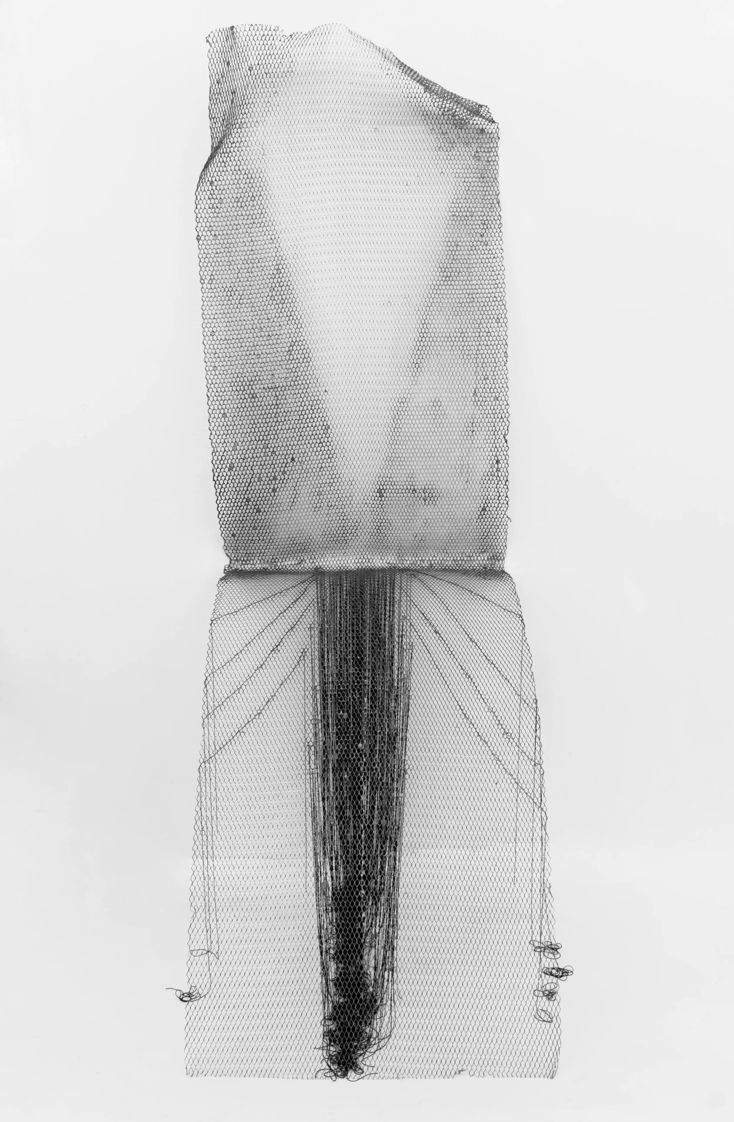Invisible Placement, 2016, Graphite, mixed medium, steel, and silk/polyester thread, 81 x 28 x 32 inches