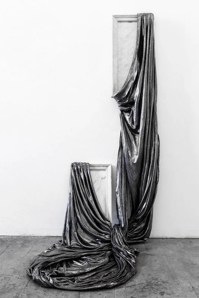 Shields of Armor, I Turn and Burn, 2019 Marble, graphite pencil, fabric and mixed mediums 68 x 38 x 14.5 x 33 inches (172.72 x 96.52 x 39.37 x 83.82 cm)