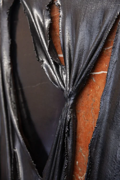 Detail, Torn Curtain, 2019 Marble, graphite pencil, fabric and mixed mediums, 48 x 20 inches