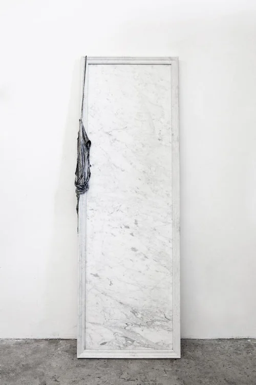 Mirroring The Unseen, 2019, Marble, graphite pencil, cotton, and mixed mediums 72 x 24 x 4 inches