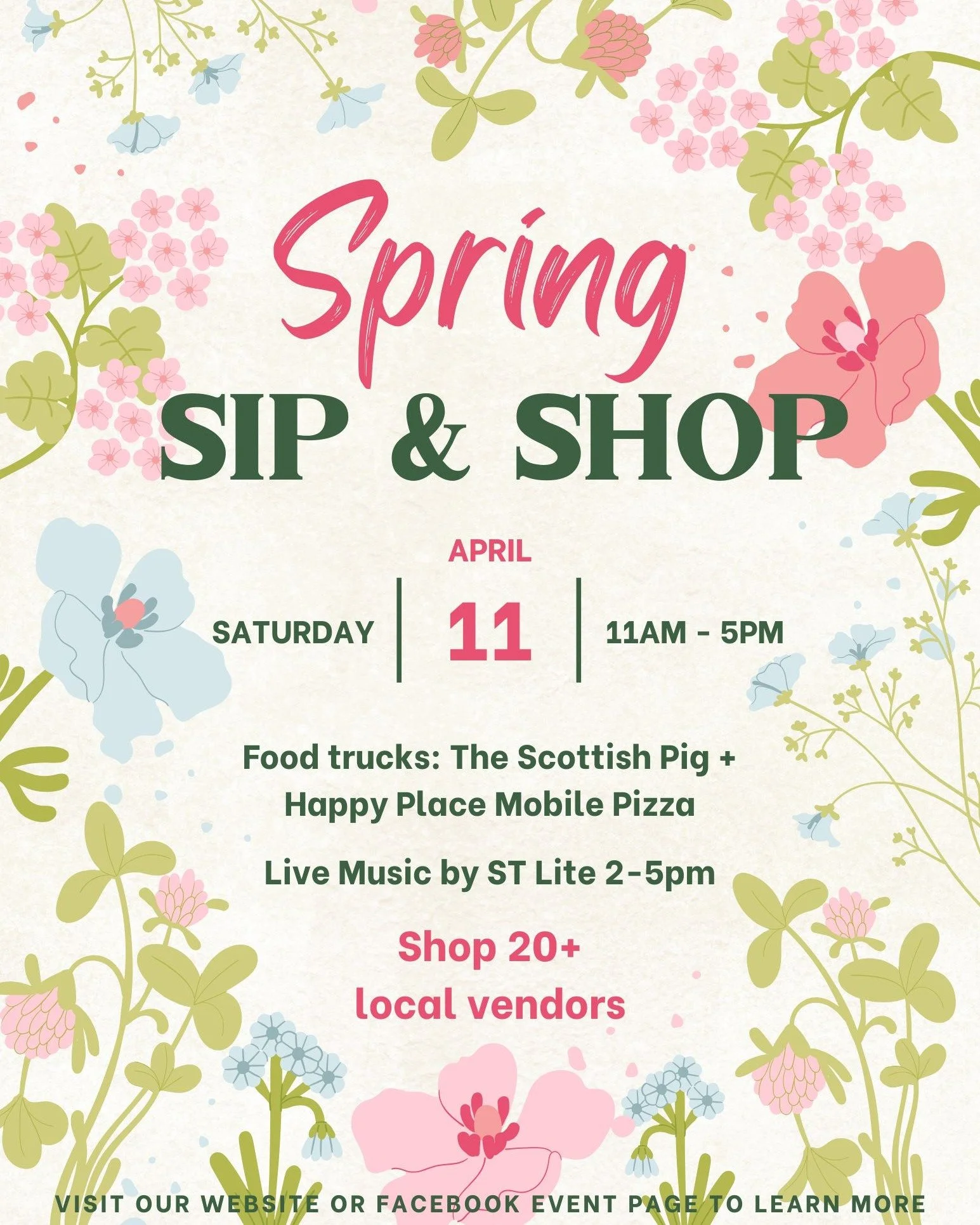 Mark your calendars for a day of shopping, sipping, and fun at our Spring Sip &amp; Shop on Saturday, April 11th from 11am-5pm!

🎶 Live Music: Enjoy tunes from ST Lite 2-5pm
🍴 Food Trucks: Treat your taste buds with delicious eats from The Scottish