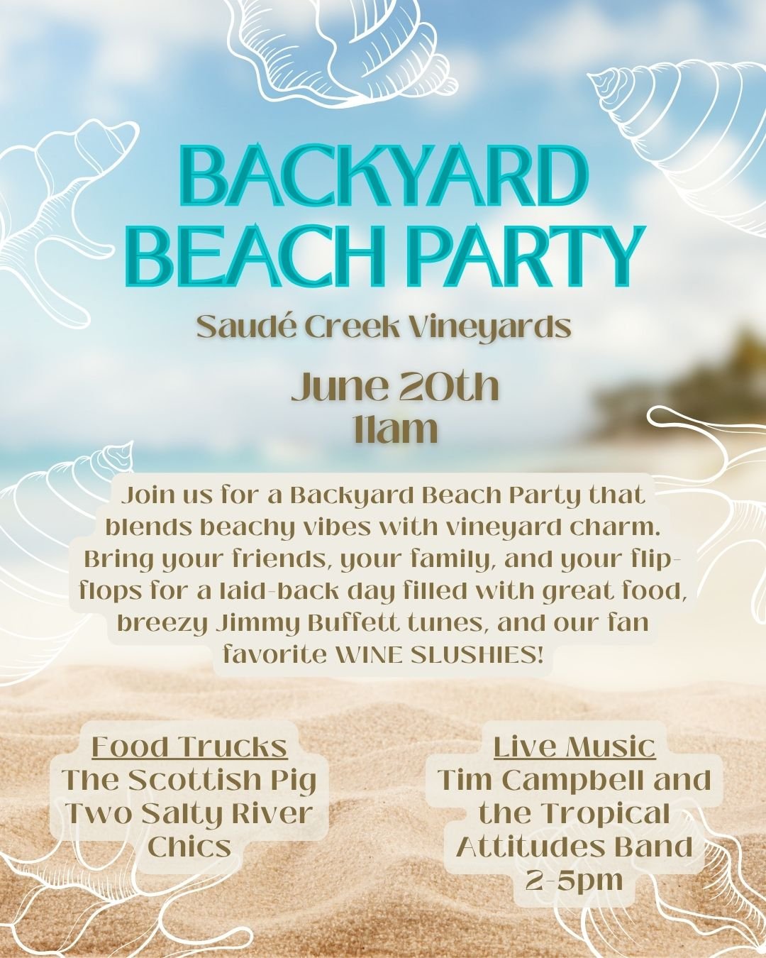 Summer is almost here, and we&rsquo;re kicking it off island‑style at Saud&eacute; Creek. 🌴

Join us for a Backyard Beach Party with Jimmy Buffett&ndash;style music from Tim Campbell and The Tropical Attitudes Band, great food, and all the laid‑back