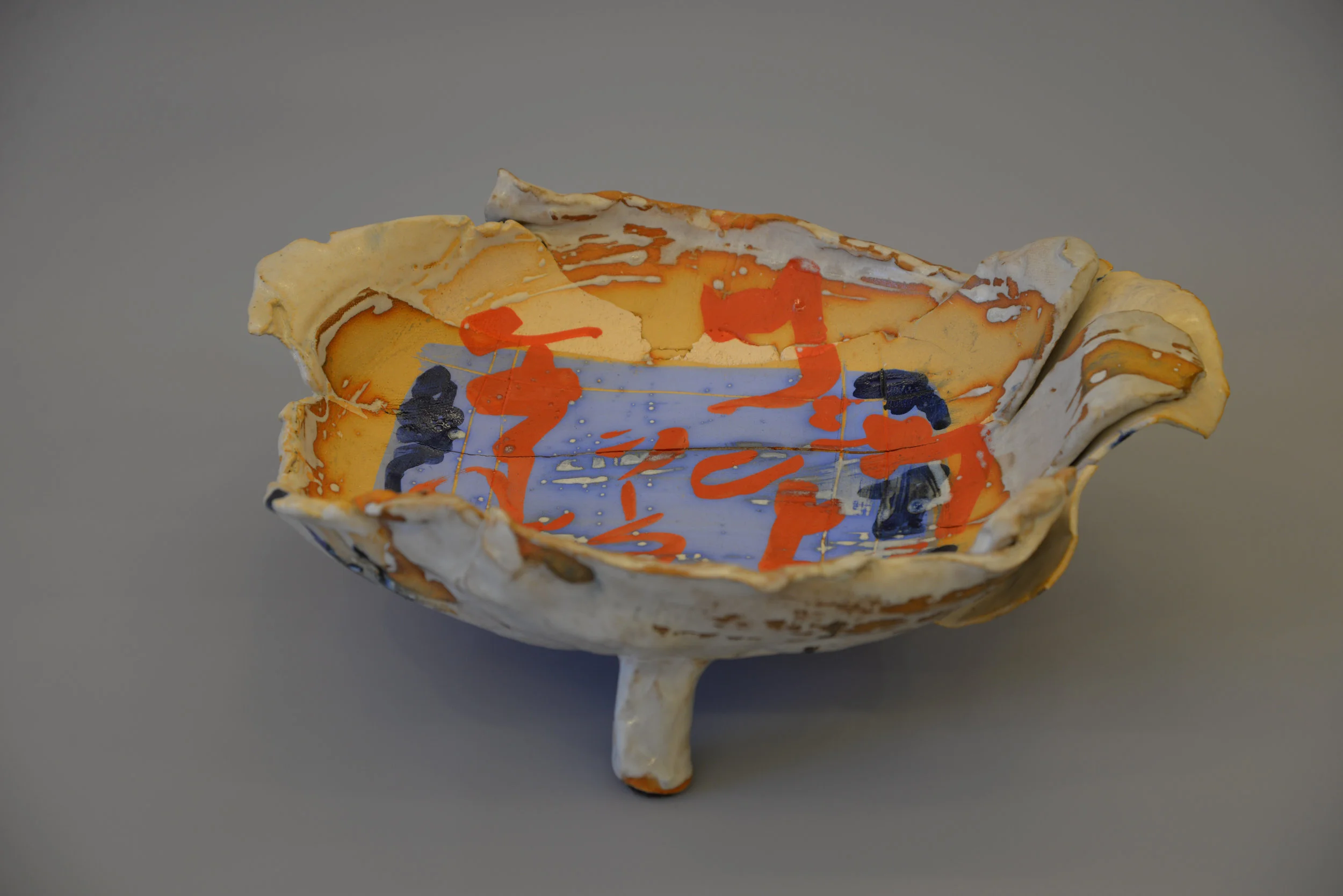 Blue and Red Stained Tripod Bowl
