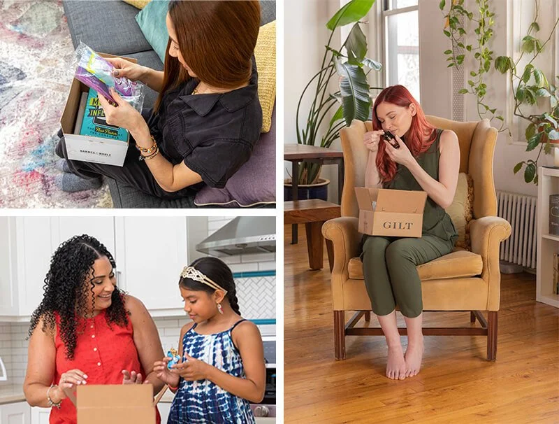 Series of indoor moments showing people opening boxes and looking at printed inserts in casual home environments.