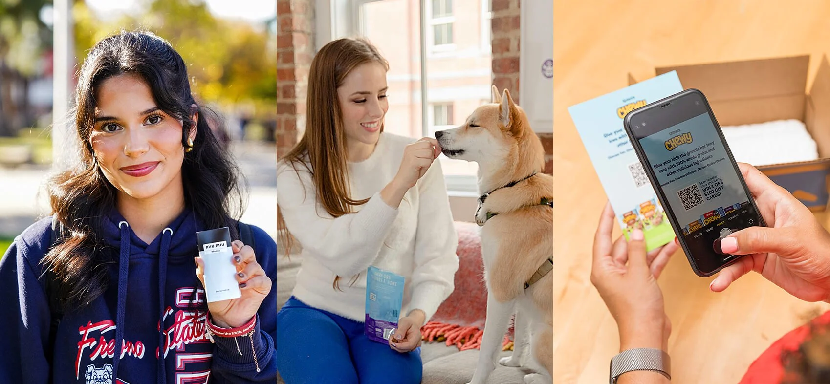 Collage of brand sampling moments, including individuals holding packaged samples, a person offering a sample to a dog indoors, and a smartphone scanning a QR code next to an open box.