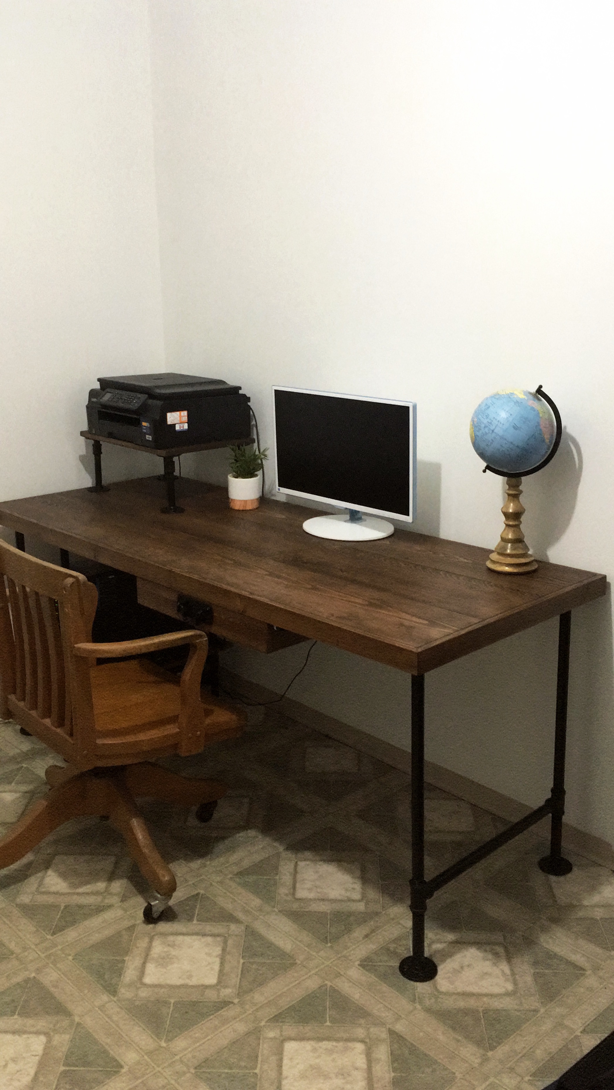 - Custom built Office desk with Drawer & Printer shelve - In Dark Wallnut stain and Black Iron Pipe