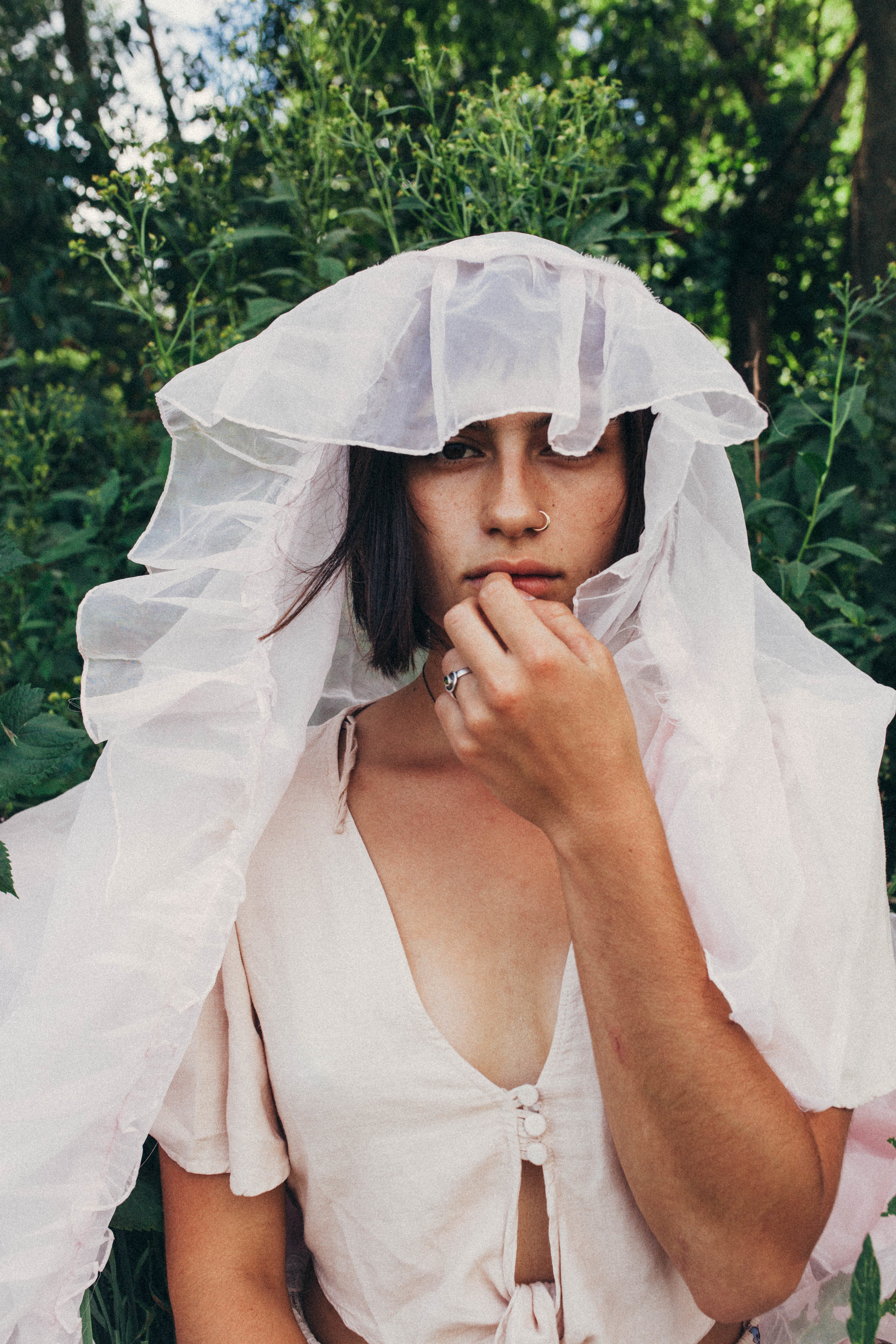 portrait of a girl with pink fabric 