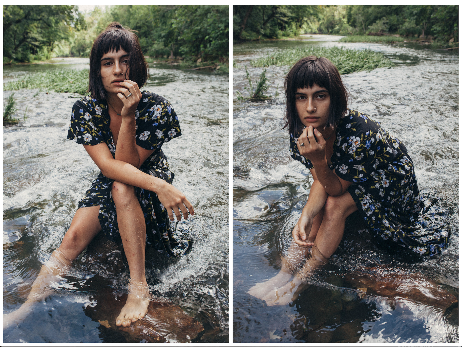 photoset of a dark haired girl in a flowy dress in the river