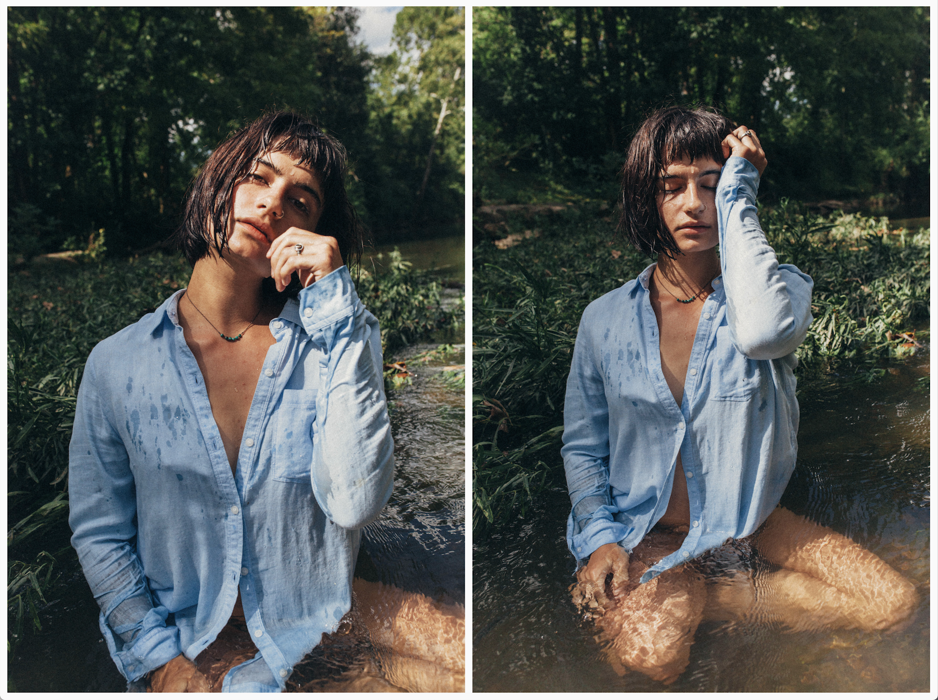 portrait of a dark haired girl in a blue button up in the river in Missouri