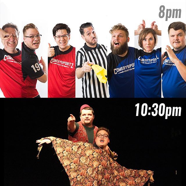 🤣😲🤣 TWO great shows tonight! ComedySportz - Houston's Longest Running Show! brings the funny for audiences of all ages at 8pm! Then, stay for the return of Aladdin: Unscripted at 10:30 for HALF PRICE! One team will win, but you can't possibly lose