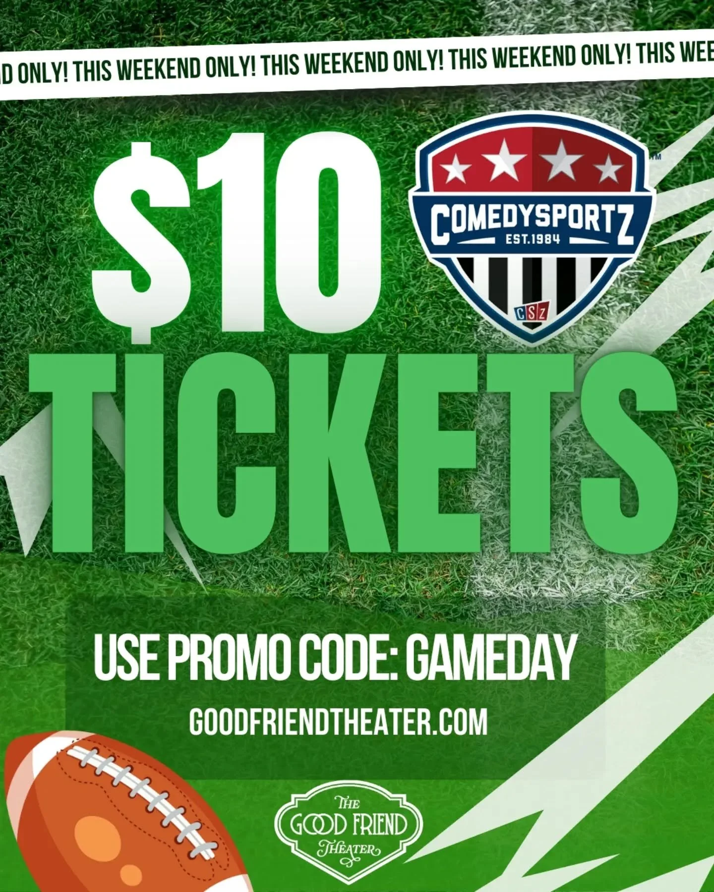 🚨This weekend only!🚨

The big game is on Sunday, so we're offering $10 tickets for this weekend's ComedySportz matches when you use the promo code 'gameday' at checkout!

Click the link in bio to get yours!