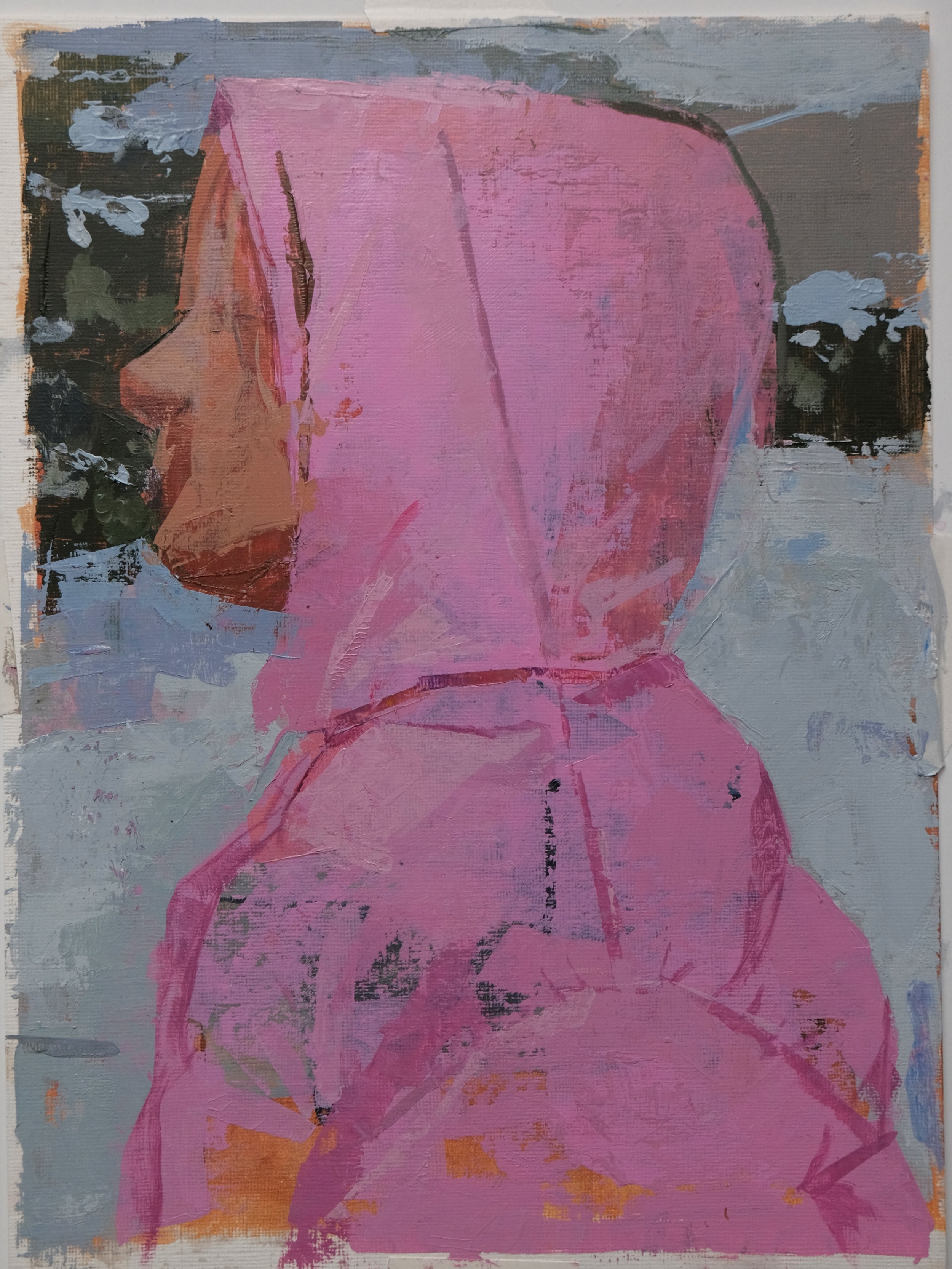Pink Jacket Spring Snow acrylic on paper 9x12 inches amy scherer.JPG