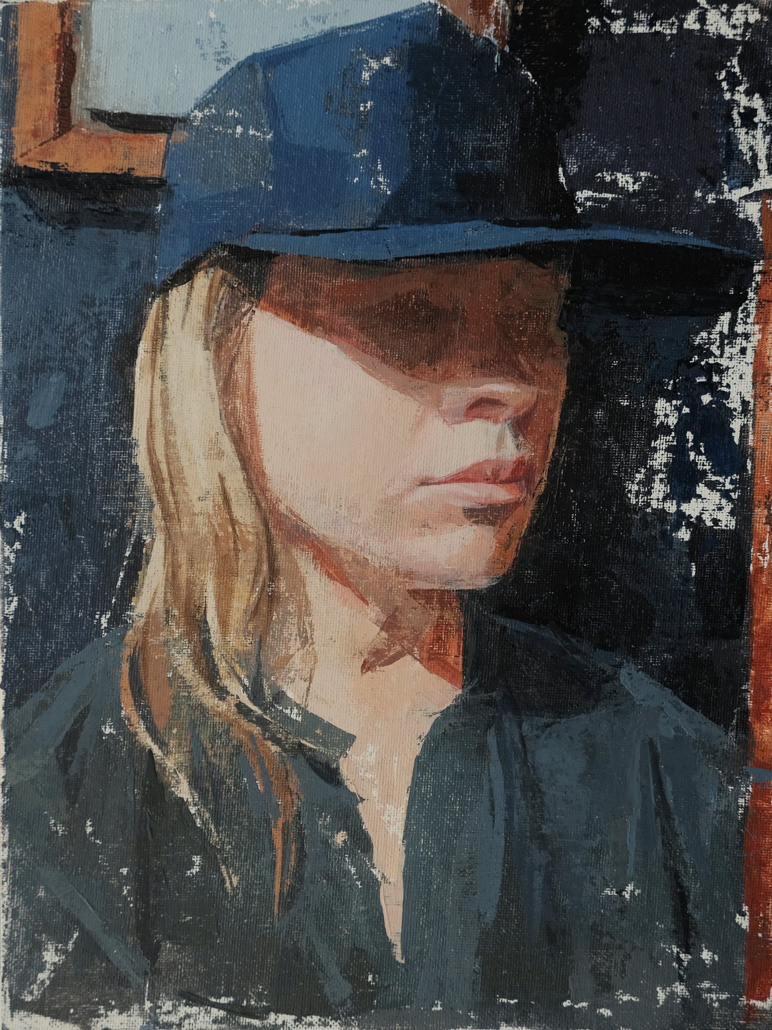 AH in Blue Hat acrylic on 9x12 canvas board amy scherer.JPG