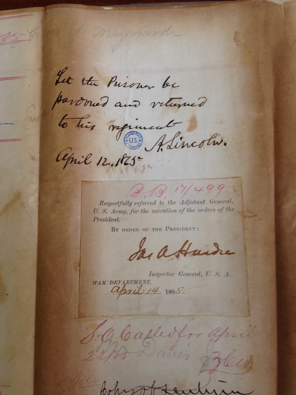  Abraham Lincoln's Pardon on the Envelope of George Maynard's Case File. Signature found in the Court Martial Files at the US National Archives by researchers from The Papers of Abraham Lincoln. 