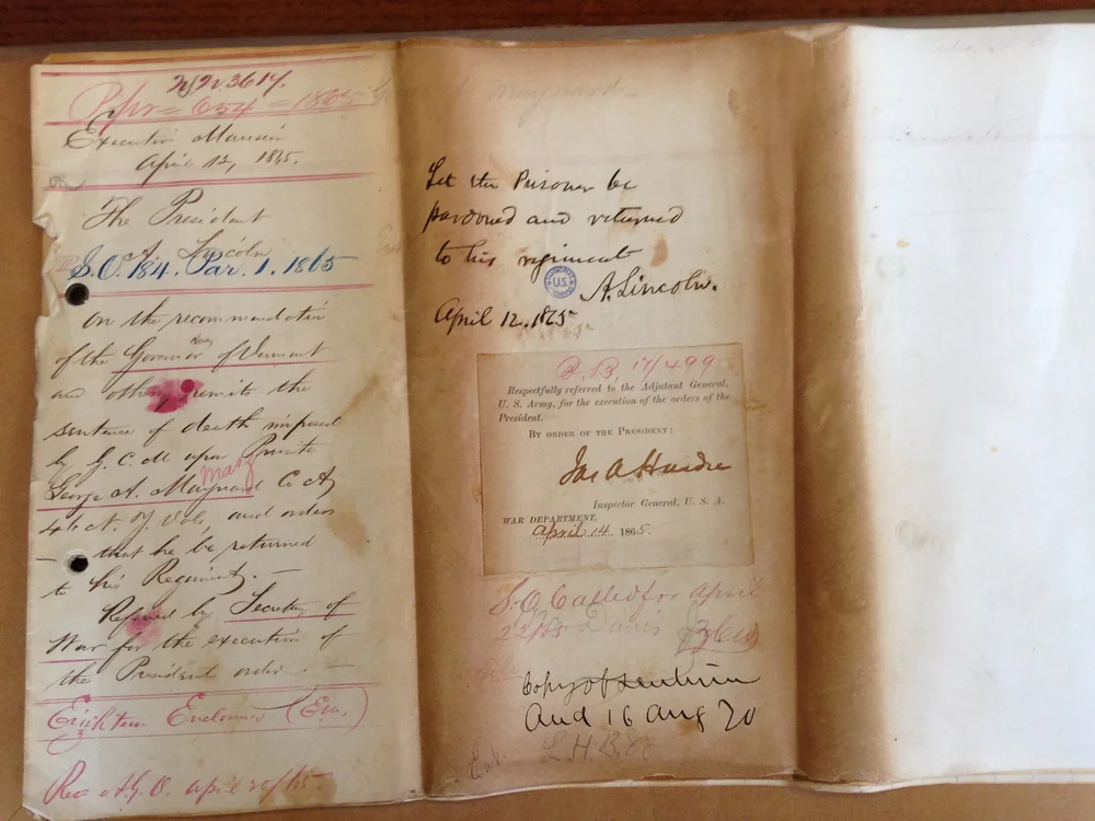  Abraham Lincoln's Pardon on the Envelope of George Maynard's Case File. Signature found in the Court Martial Files at the US National Archives by researchers from The Papers of Abraham Lincoln. 