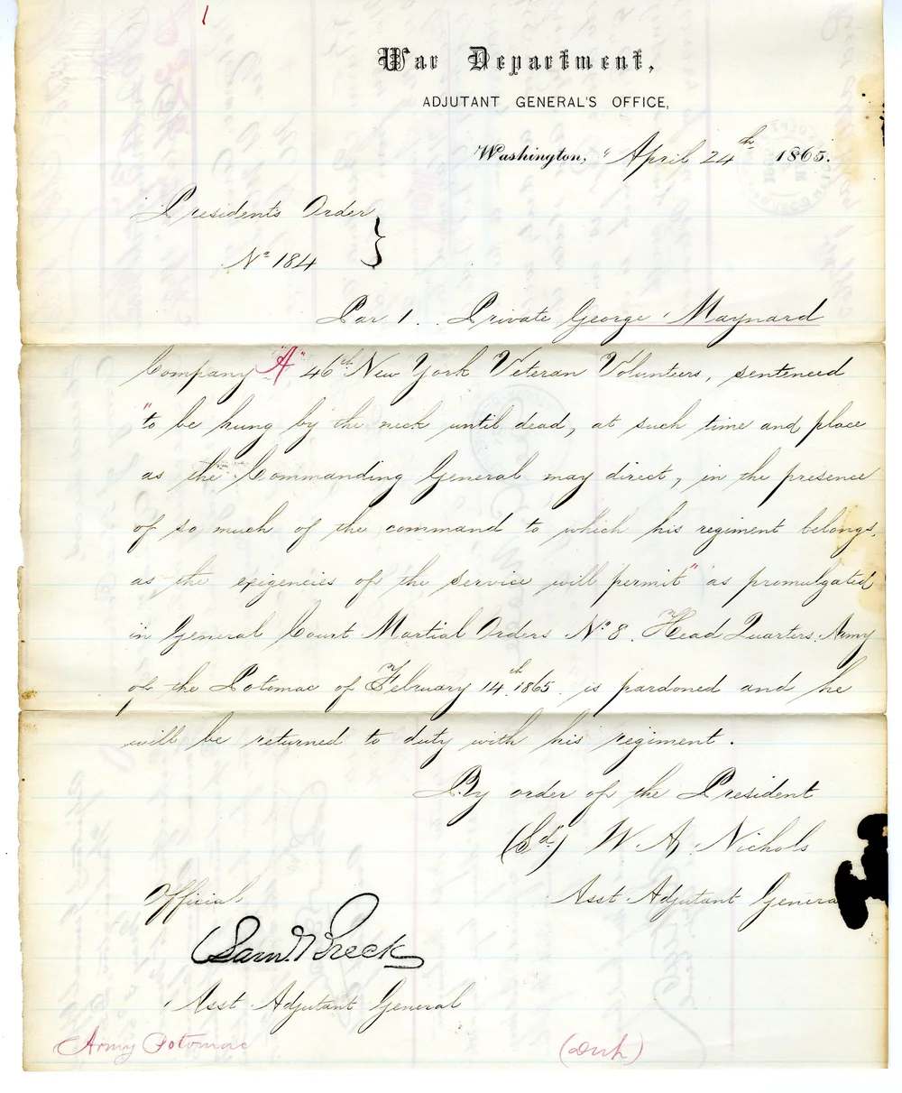 President's Order No. 184, Pardoning George Maynard. From the Compiled Military Service Records, US National Archives. 