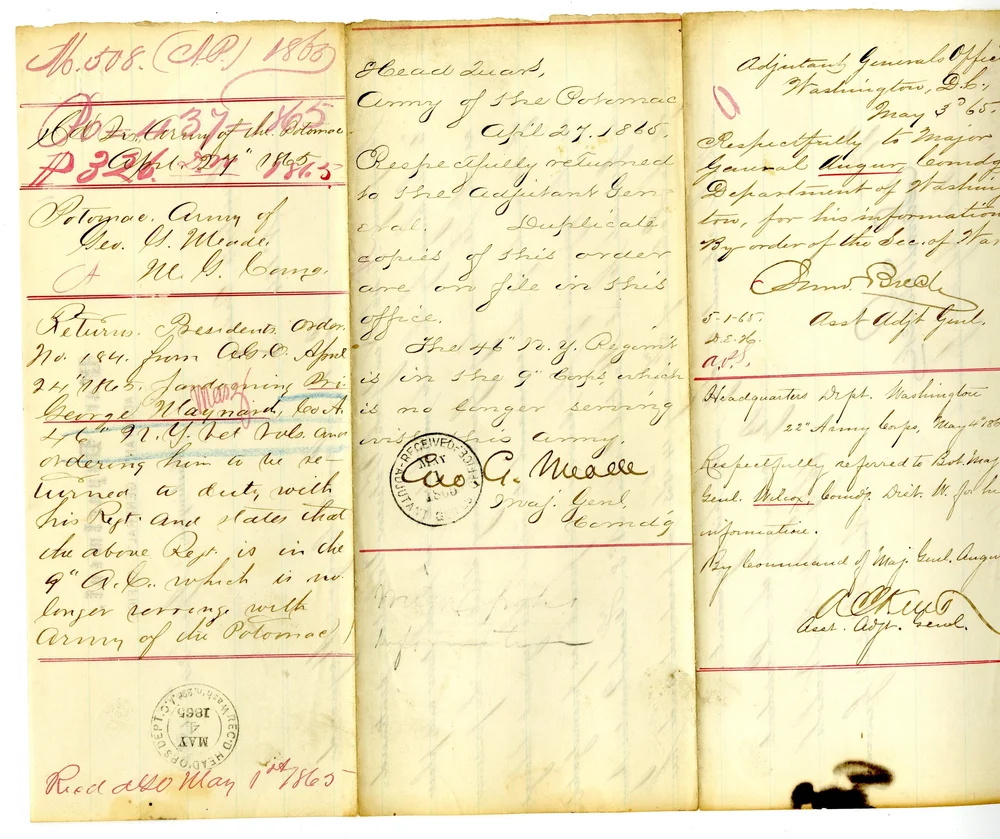  General Meade's Reply on the Back of General Order No. 184.&nbsp;From the Compiled Military Service Records, US National Archives. 
