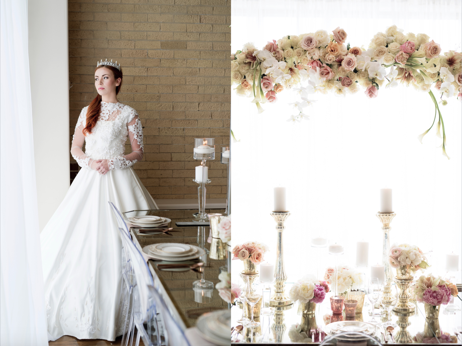 THE BRIDE AND GROOM Wedding Gown by: Guia Soleta Suit by: Perfectly Suited by Garth Makeup by: Cherisa Burbage Hair by: Leanna Mailau-Ahloo Models: Lon with NIYA Models and Kenzie Blackburn Styling and Design by: FUSE Weddings & Events Flowers by: Decoration Inc.