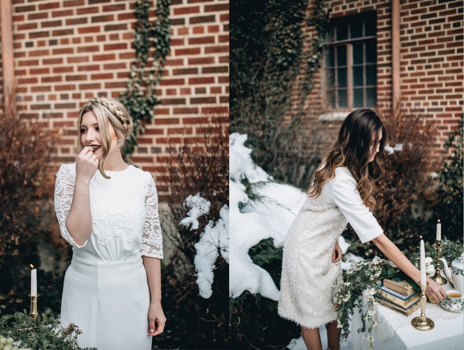 DETAILS Styling by: Lucy Bergstrom Photography by: Alice Cannon Dresses by: Aleksandra Salo Flutter Sleeve Top by: Natalie Wynn Lace Skirt by: Janay Marie Makeup by: Rachel Kae Jenkins Rentals provided by: Refined Vintage Events Models: Joan Brown & Josilyn Harsh