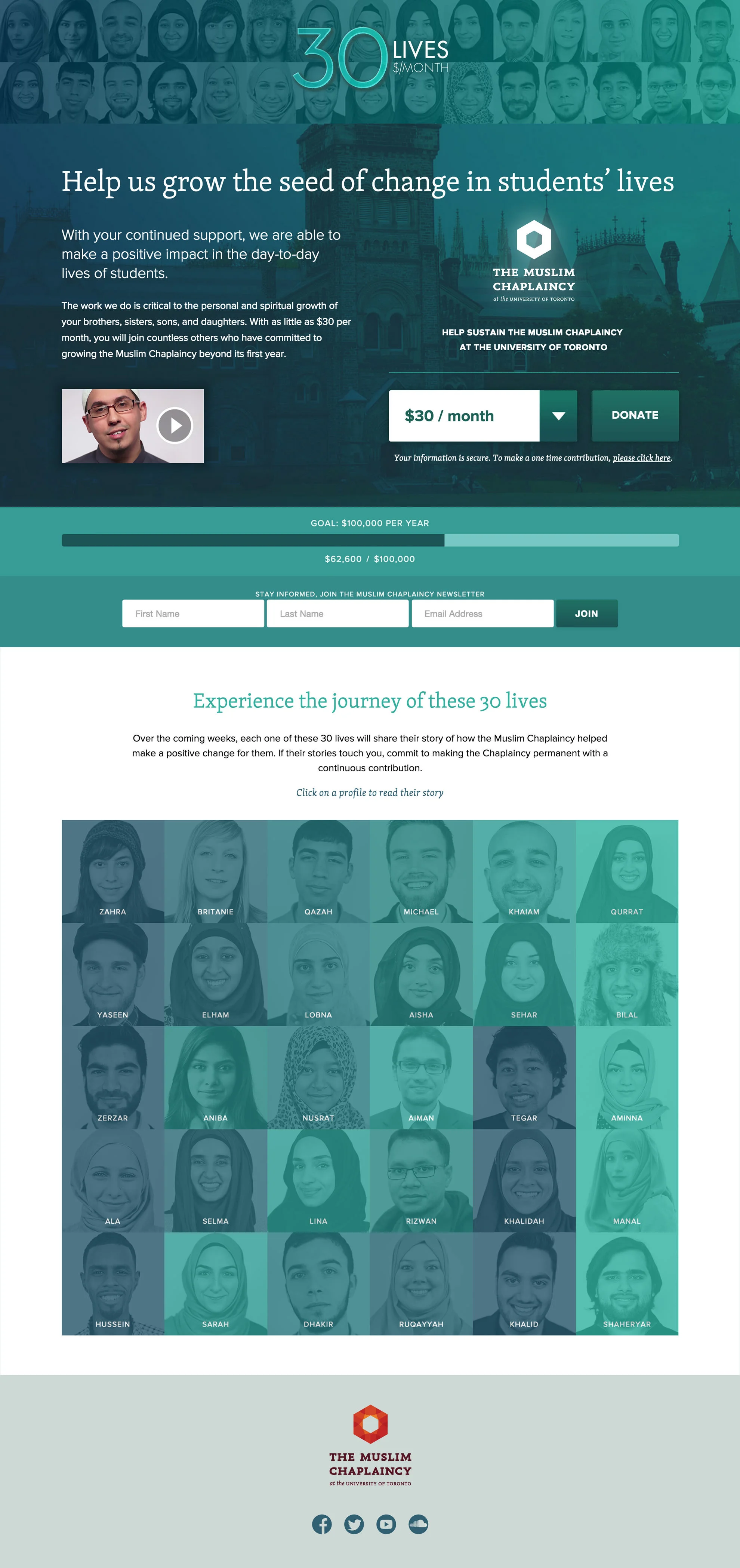 Home page. "30 Lives" campaign design: Fiqri Ramli Interface design: Umar Shahzad RGD Photography: Qurrat Ansari