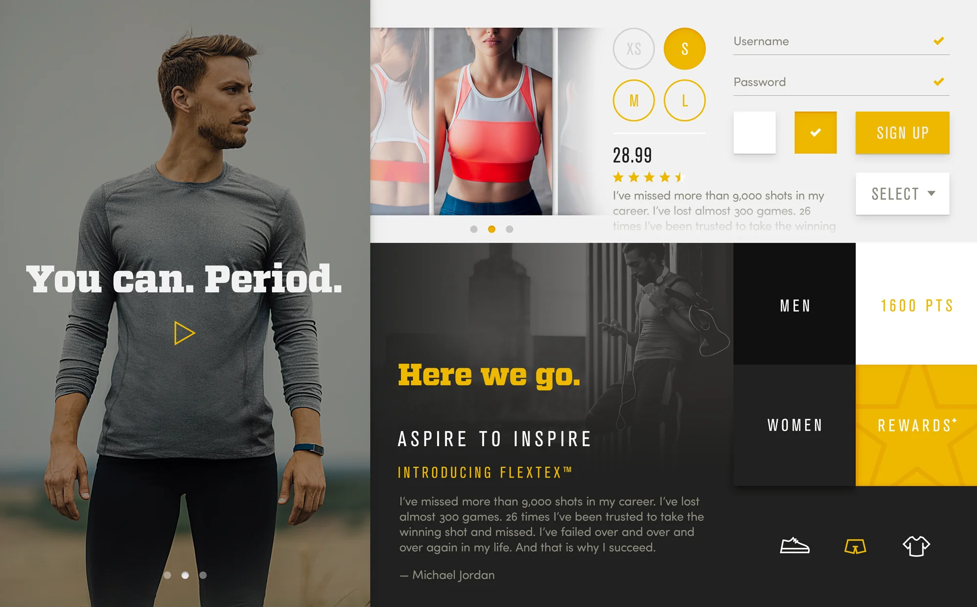 Style tile for an athletic apparel company, exploring imagery, colors, type, icons, and UI elements.