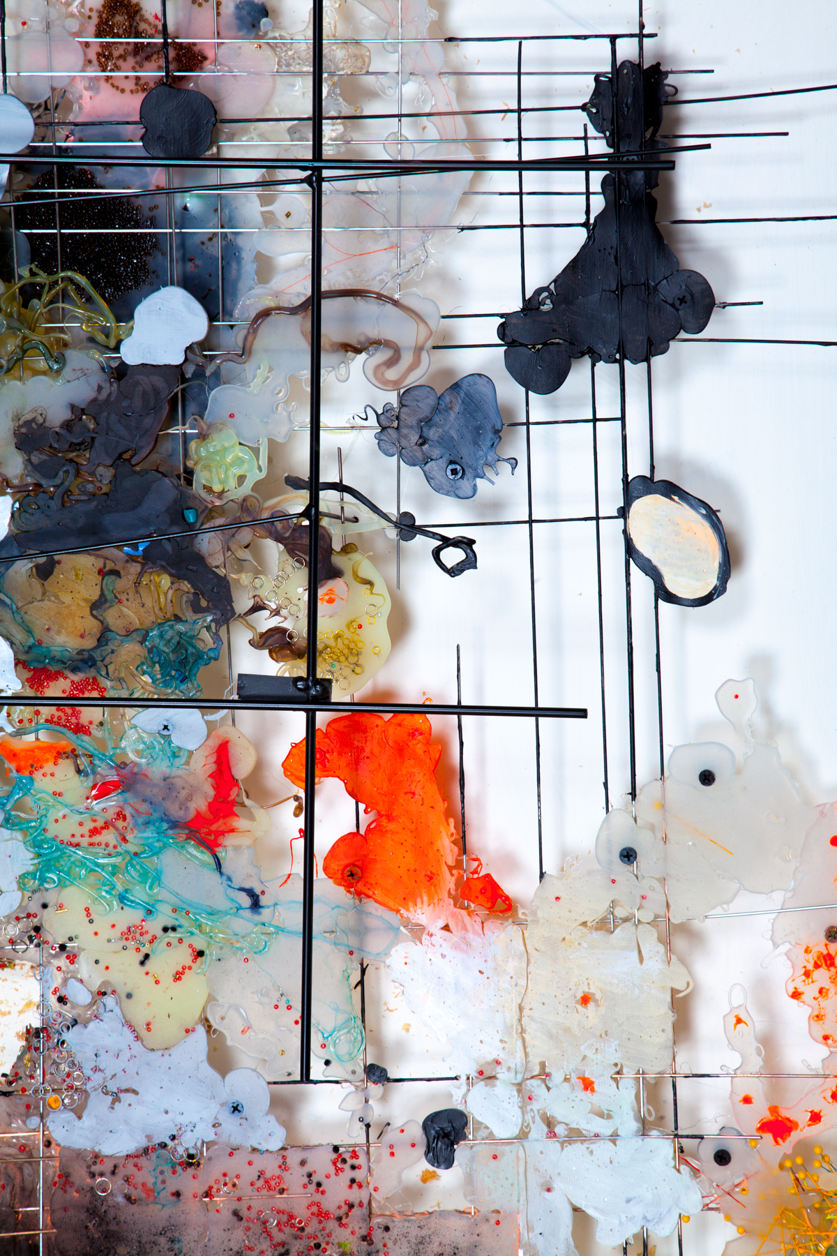  Summary (detail), &nbsp;2014 hot glue (abs),&nbsp;aluminum, bronze, stainless steel,&nbsp;handwoven doily, cotton thread, silver jump rings, &nbsp;pins, sawdust, pigment, crayon shavings,&nbsp;&nbsp;acrylic, chalk, graphite,&nbsp;glass beads, nails,