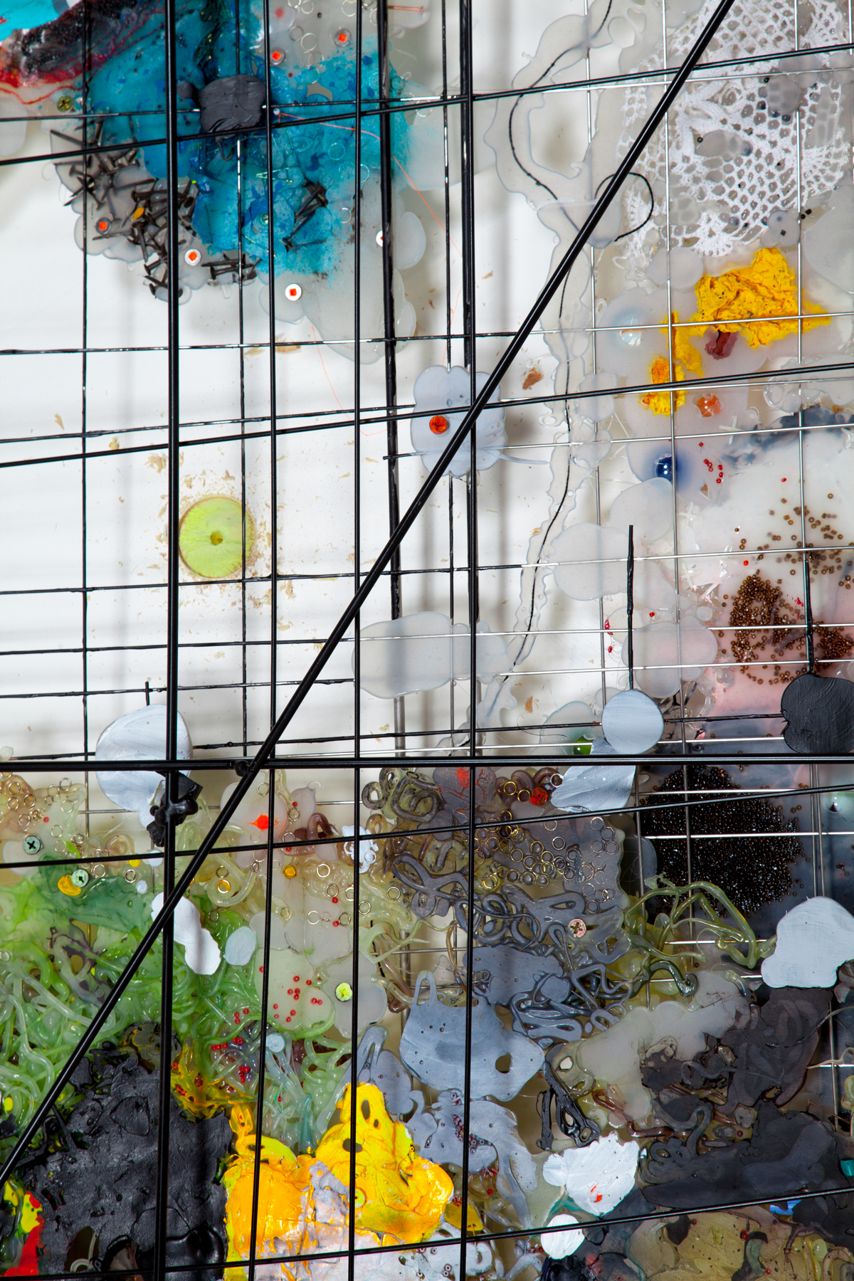  Summary (detail), &nbsp;2014 hot glue (abs),&nbsp;aluminum, bronze, stainless steel,&nbsp;handwoven doily, cotton thread, silver jump rings, &nbsp;pins, sawdust, pigment, crayon shavings,&nbsp;&nbsp;acrylic, chalk, graphite,&nbsp;glass beads, nails,