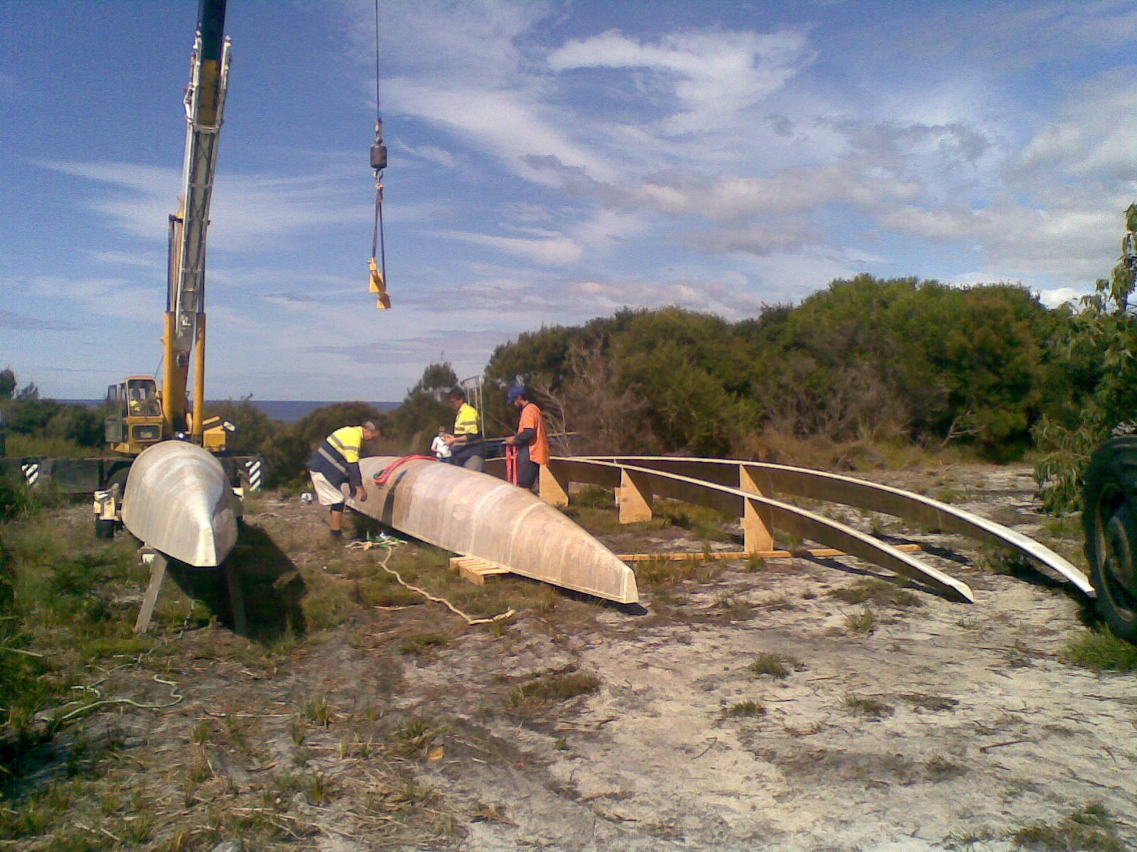 Stage 3 Kit arrives. Moulded Components from Spirited Designs. The resin infused components allow the boat to be assembled on site "right way up" as the hulls were pre fabricated for us at the Spirited Factory in Port Stephens New South Whales by Craig Schionning and road transported to Tasmania. April 2010.