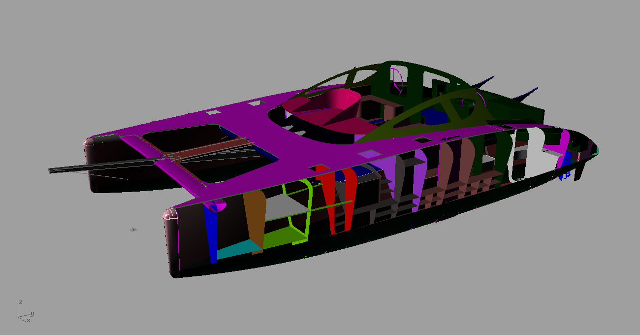 The 3D model of ROAM as produced by Spirited Designs. From this file the parts for the entire boat from the full hull side to the smallest furniture shelf are nested and CNC cut into the composite panels produced by ATL Composites. The design was finalised by March 2009. 