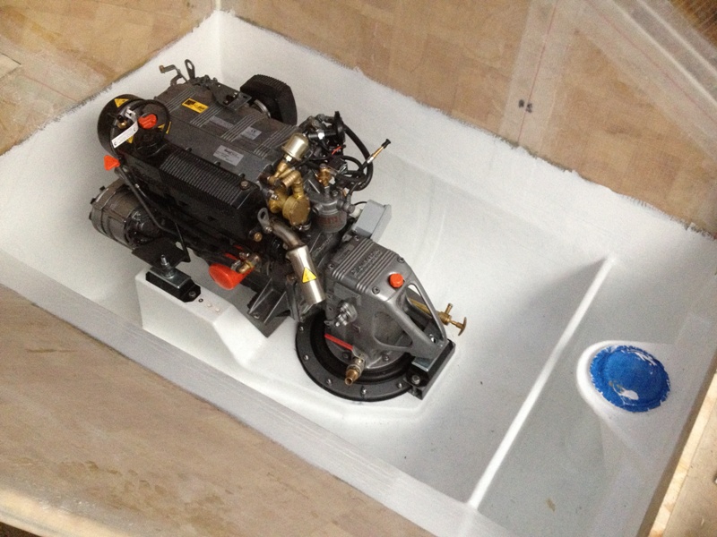 The 40hp Lombardini diesel motors fitted into the boat. Rudder bearings also in. October 2012.