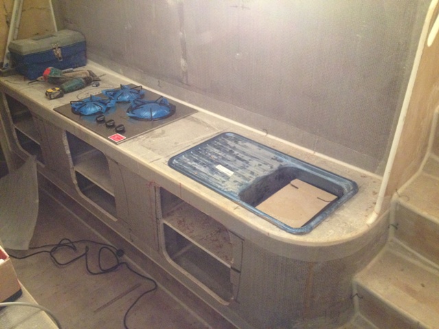 Galley fit out well underway. The choice of galley down was always part of our plan. Galley up for weekending and booze cruising, galley down for live aboard's. March 2013.