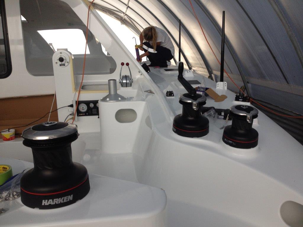 Deck hardware fit out. Roam features primary and secondary winches on the side decks to allow for controlled and safe sail handling. February 2015.