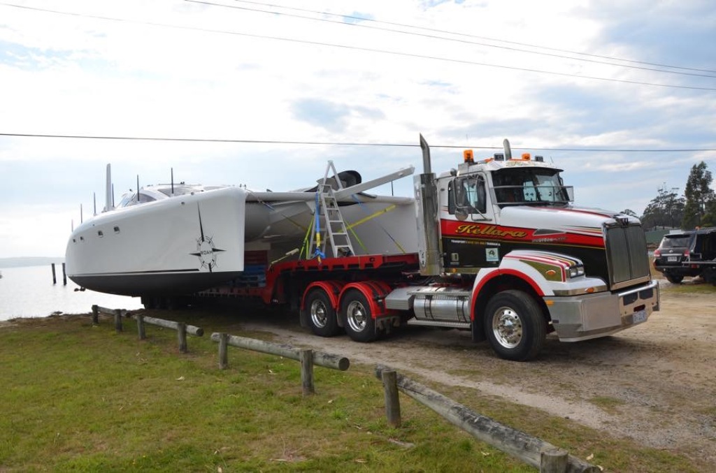 After the 8km trip from the build site to the water, ROAM awaits low water to be lowered onto the sand. The Road Transport permit required the boat to be off the road prior to first light. April 2015.