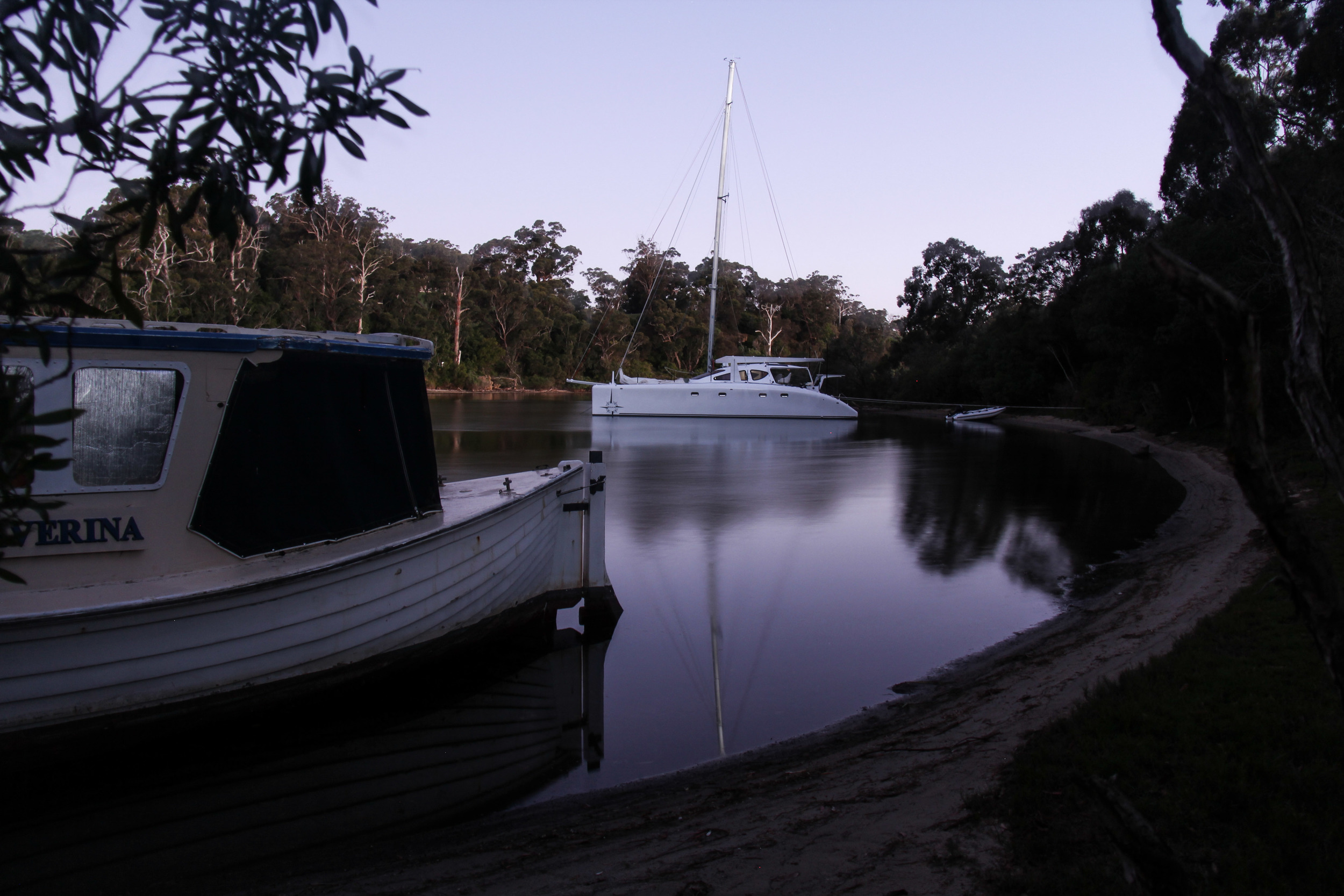 Still night in Boxes creek, not a ripple on the water.