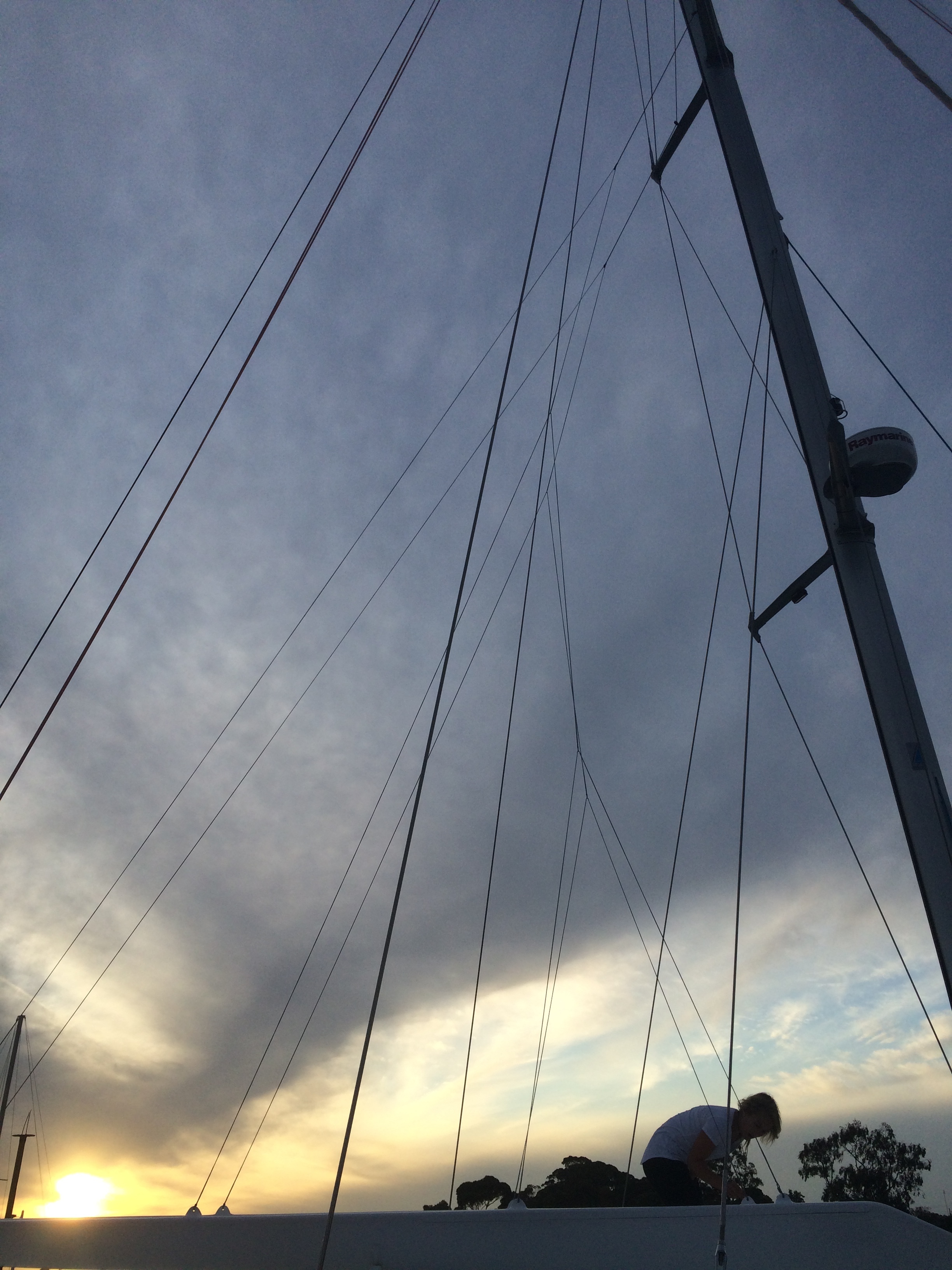 The wind stopped just on dark to allow me to haul up the Lazy Jacks, perfect on the first try.