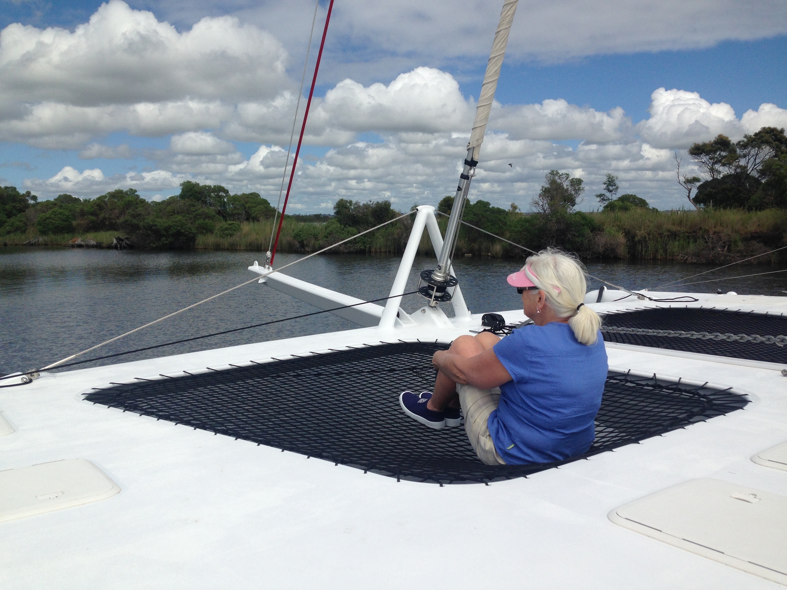 Lois taking in the scenery from the nets, as we cruise up the Mitchell river. Take a look at some of the beautiful scenery of the Gippsland lakes on Andy's Blog 