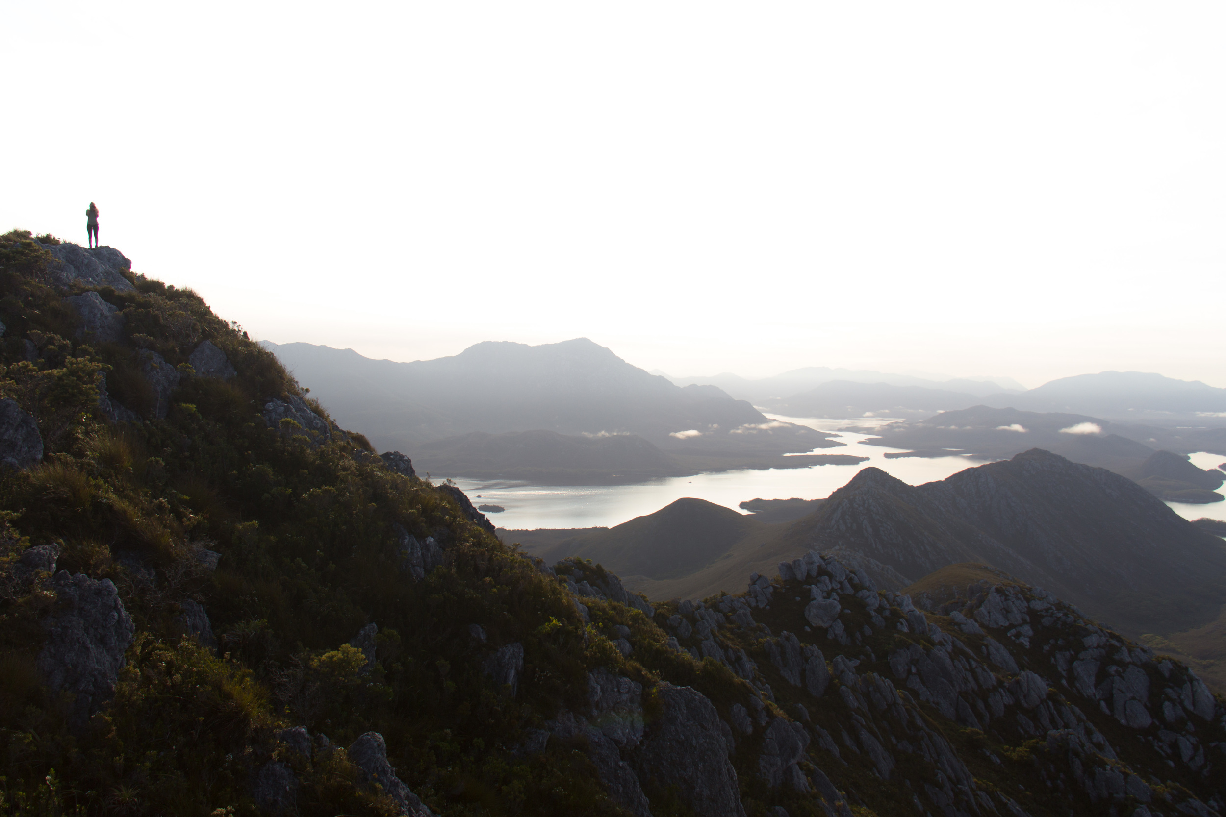 The view towards Bathurst Harbour and Mount Rugby with Liss on the Summit of Mount Misery.