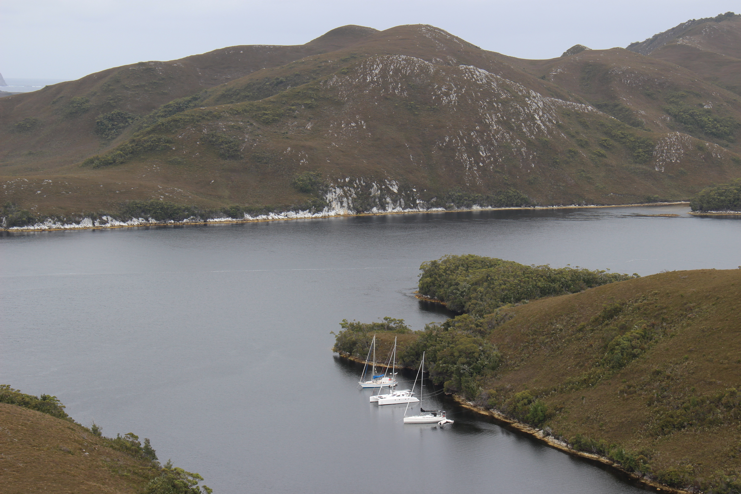 Wombat Cove. Roam sits med moored snug between two other yachts.