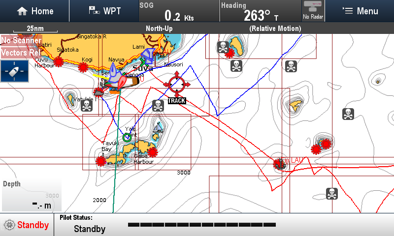 The Blue track above is in light air with full Mainsail and Genoa flat seas and great conditions. Wind speeds 8-12 knots. The Red track is 2 or 3 Reefs in the Mainsail and the Staysail out most of the time. 15-25 TWS. Tacking angles end up about the same no matter what sail configuration. 